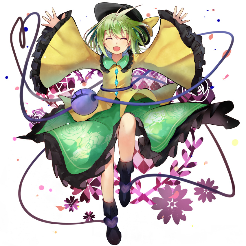 1girl closed_eyes commentary_request efe floral_print green_hair hat hat_ribbon heart heart_of_string highres komeiji_koishi long_sleeves open_mouth outstretched_arms revision ribbon shirt skirt smile solo standing_on_one_leg third_eye touhou wide_sleeves