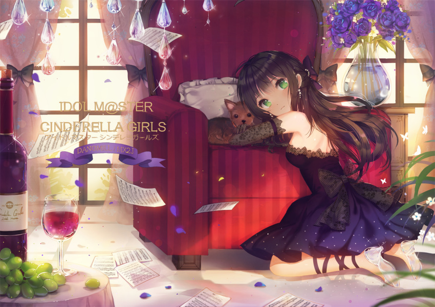 1girl alcohol armchair artist_name bangs bare_shoulders black_gloves blue_dress blush bow brown_hair chair copyright_name crossed_arms cup curtains cushion dangmill dog dress earrings elbow_gloves fishnet_gloves fishnets flower food fruit glass_slipper gloves grapes green_eyes hanako_(idolmaster) idolmaster idolmaster_cinderella_girls indoors jewelry kneeling long_hair looking_at_viewer looking_to_the_side mx2j_(nsh6394) no_socks on_floor pearl pearl_earrings pendant petals purple_dress purple_rose rose sheet_music shibuya_rin solo sparkle strapless_dress tablecloth vase vertical_stripes window window_shade wine wine_bottle wine_glass yorkshire_terrier