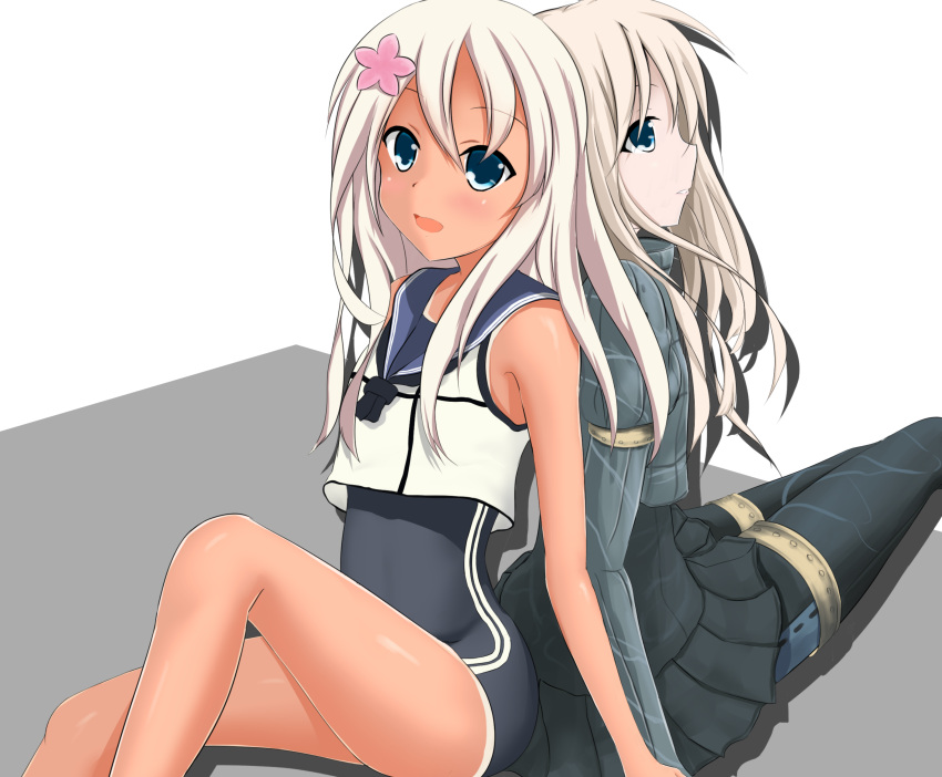 2girls absurdres back-to-back blonde_hair blue_eyes crop_top cropped_jacket dress dual_persona flower hair_flower hair_ornament hat highres holding_hands kantai_collection legs long_hair multiple_girls pantyhose ro-500_(kantai_collection) school_swimsuit simple_background sitting smile swimsuit tan tanline u-511_(kantai_collection)