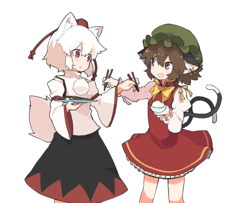 2girls :o animal_ears blush_stickers bowtie brown_hair cat_ears chen chopsticks dress earrings fish food green_hat hat highres inubashiri_momiji jewelry looking_at_another mob_cap multiple_girls plate pom_pom_(clothes) red_eyes rice rice_bowl short_hair simple_background tail tekka_maki_(wafuu-bune) tokin_hat touhou white_background white_hair wolf_ears wolf_tail