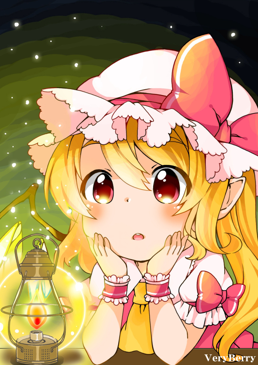 1girl berry_jou blush bow dress flandre_scarlet hat hat_bow highres mob_cap open_mouth red_bow red_dress red_eyes red_ribbon ribbon short_hair short_sleeves solo touhou wrist_cuffs
