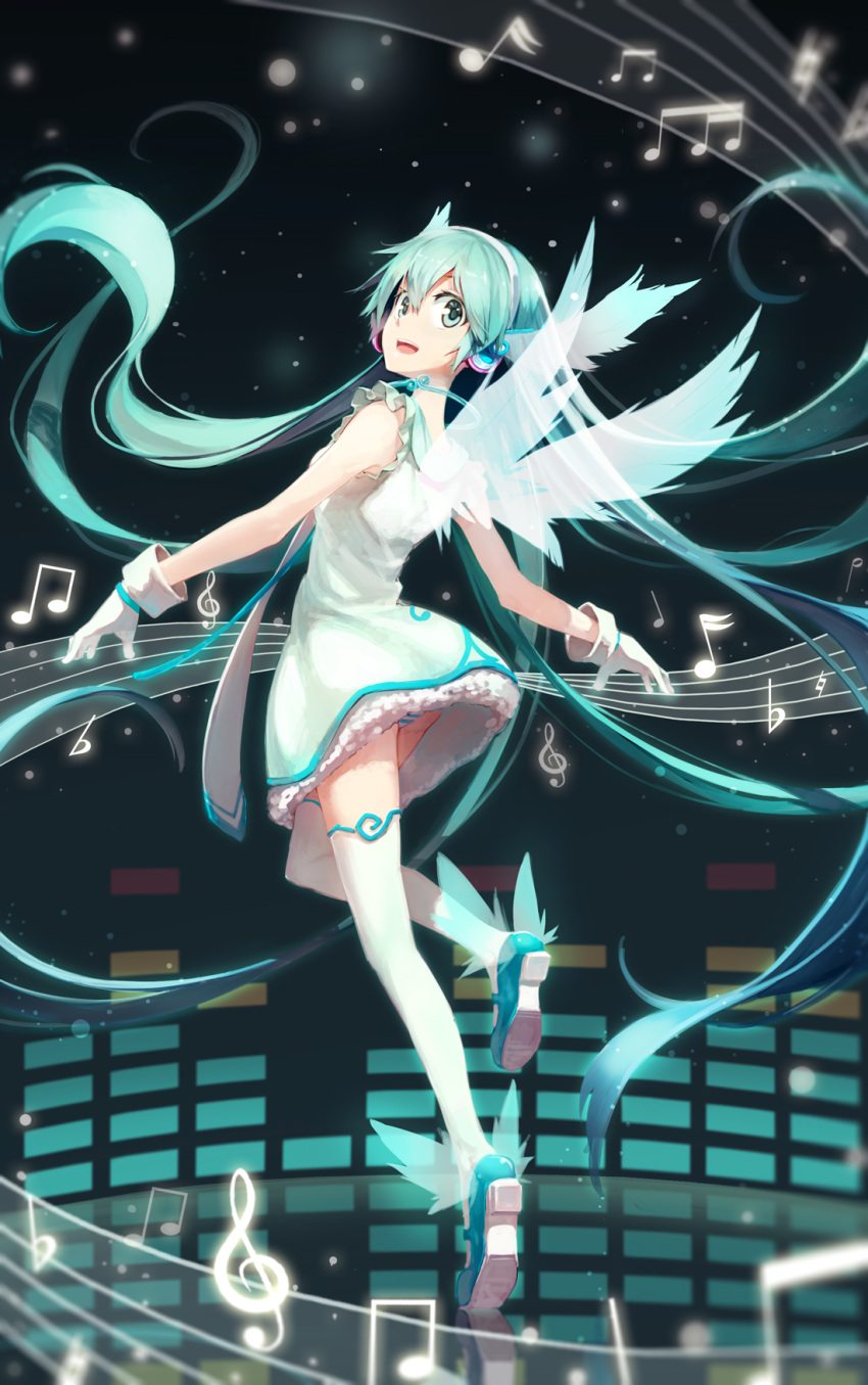 1girl aqua_hair dress gloves green_eyes hatsune_miku headphones highres lf long_hair looking_back musical_note open_mouth panties revision solo striped striped_panties thigh-highs twintails underwear very_long_hair vocaloid wings