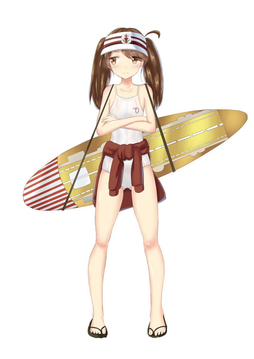 1girl absurdres alternate_costume brown_eyes brown_hair clothes_around_waist crossed_arms flight_deck highres jacket_around_waist kantai_collection long_hair one-piece_swimsuit reon-shi ryuujou_(kantai_collection) sandals surfboard swimsuit twintails visor_cap