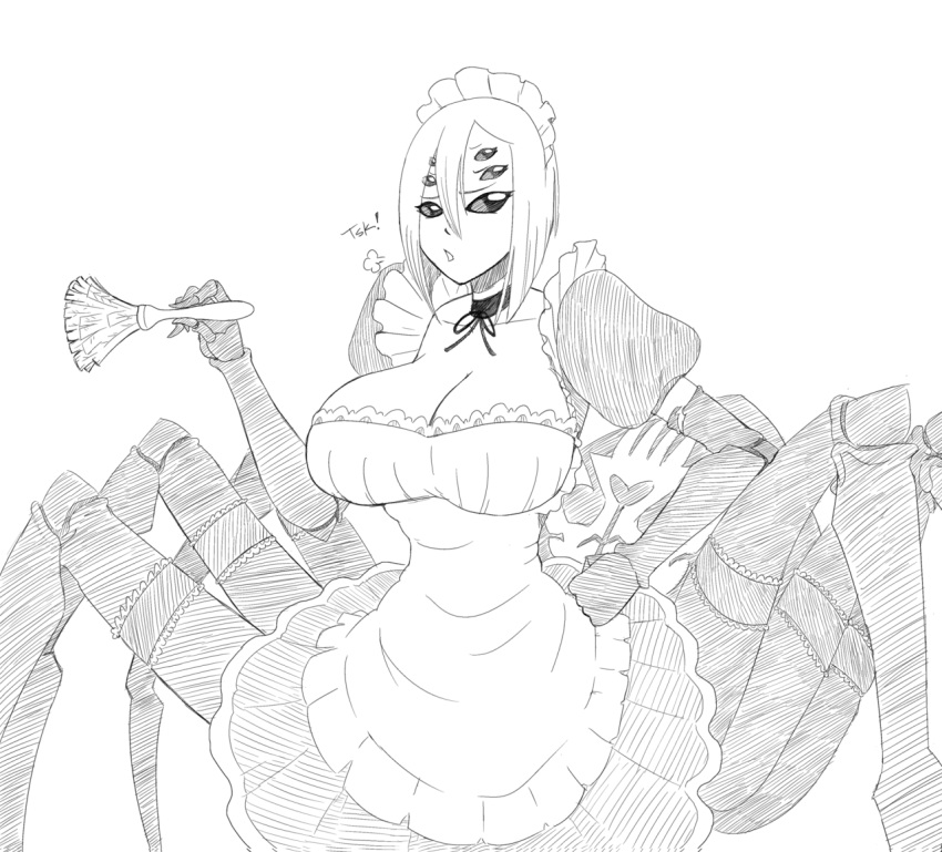 1girl apron arachne breasts carapace choker claws cleavage extra_eyes feather_duster hand_on_hip huge_breasts insect_girl maid maid_apron maid_headdress monochrome monster_girl monster_musume_no_iru_nichijou multiple_legs planet_of_junk rachnera_arachnera sketch solo spider_girl
