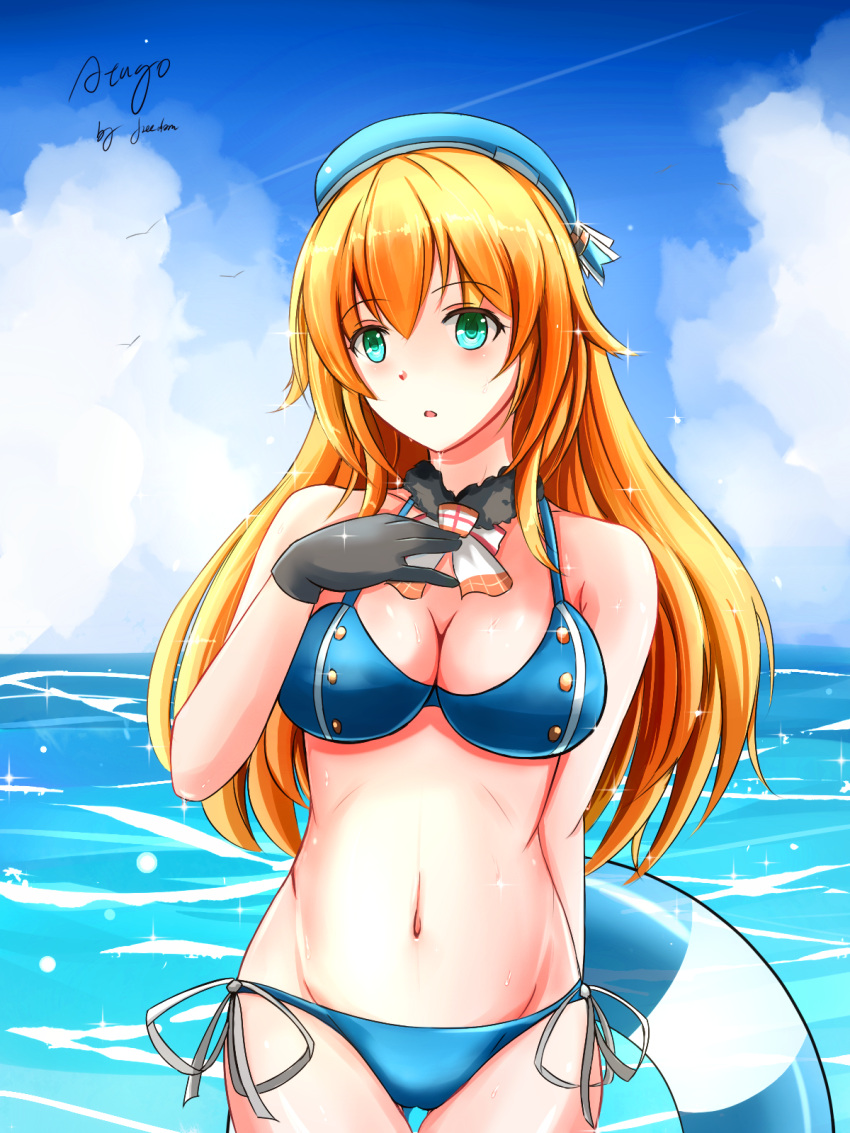 1girl adapted_costume aqua_eyes atago_(kantai_collection) beret bikini black_gloves blonde_hair blue_bikini blue_sky blush breasts cleavage clouds cloudy_sky cowboy_shot gloves hand_on_own_chest hat highres innertube kantai_collection large_breasts long_hair looking_to_the_side navel outdoors parted_lips saber-freedom side-tie_bikini signature sky solo sparkle swimsuit water