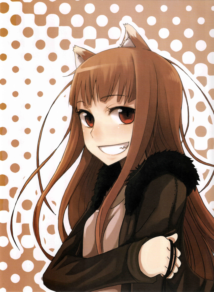 animal_ears ayakura_juu brown_hair fang fangs grin highres holo jacket long_hair official_art red_eyes scan smile solo spice_and_wolf wolf_ears