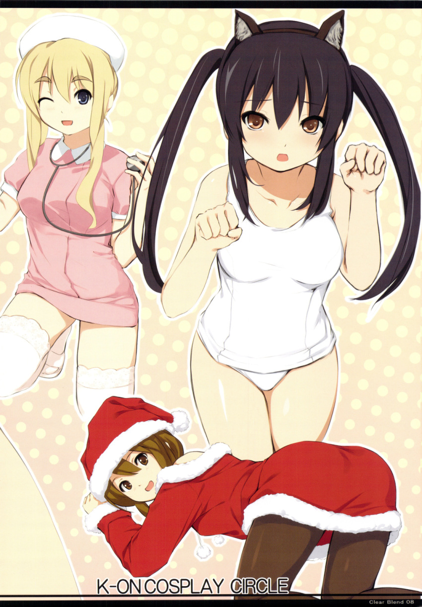 animal_ears bent_over cat_ears cat_pose christmas coffee-kizoku eyebrows hat highres hirasawa_yui k-on! kotobuki_tsumugi looking_back multiple_girls nakano_azusa nurse one-piece_swimsuit open_mouth pantyhose paw_pose santa_costume santa_hat school_swimsuit stethoscope swimsuit thigh-highs thighhighs twintails white_school_swimsuit wink