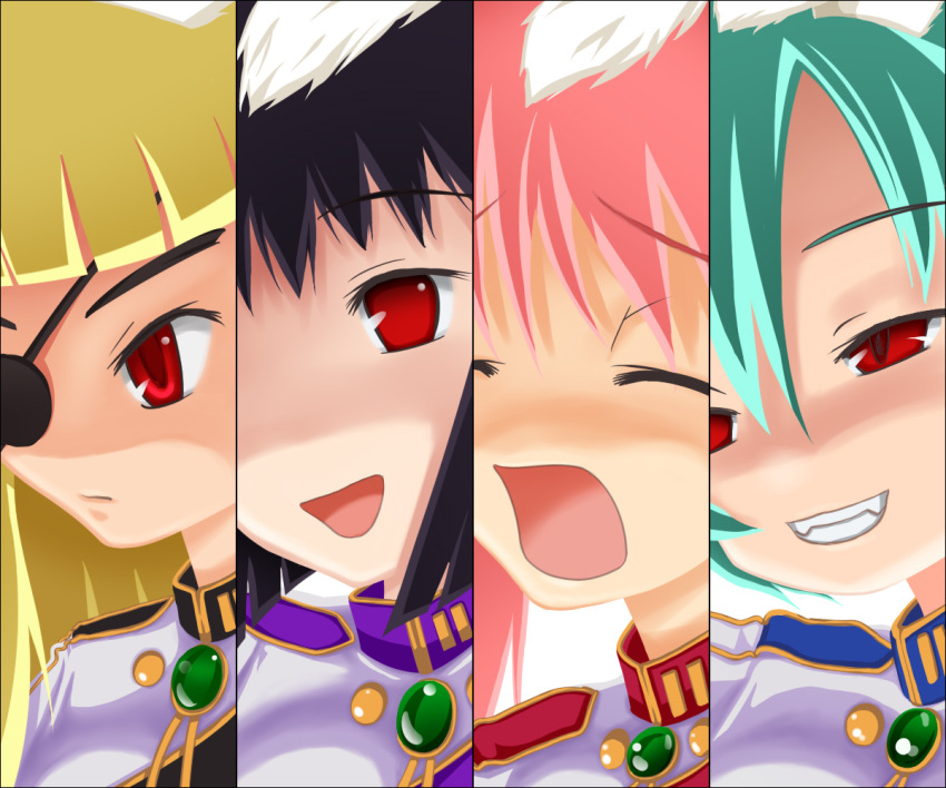 aqua_hair black_hair blonde_hair bunny_ears column_lineup cut-in disgaea eyepatch open_mouth parody pink_hair rabbit_ears red_eyes siesta00 siesta410 siesta45 siesta556 siesta_sisters umineko_no_naku_koro_ni yasutake