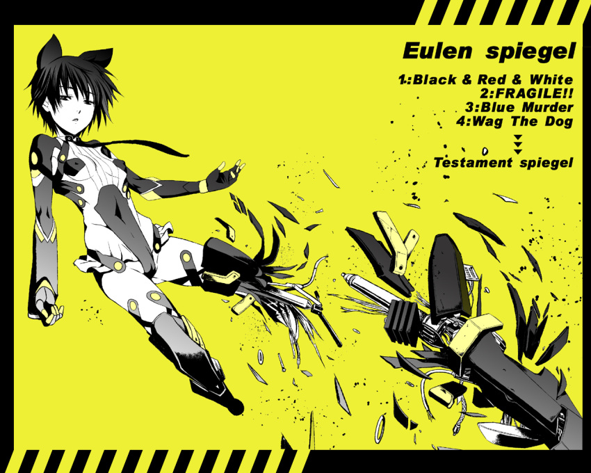 broken cyborg inue_shinsuke mecha_musume monochrome necktie short_hair yellow_background