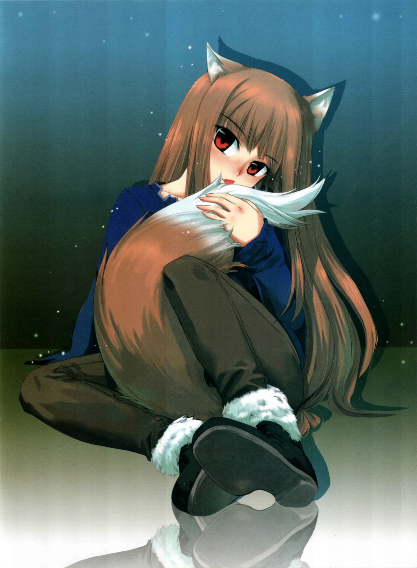 animal_ears blush brown_hair fang highres holding_own_tail holo koume_keito long_hair official_art red_eyes scan sitting solo spice_and_wolf tail tongue wolf_ears
