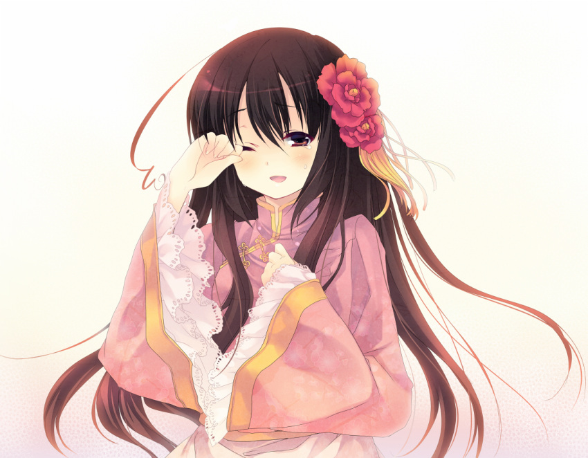 axis_powers_hetalia brown_eyes brown_hair changpao china_dress chinese_clothes flower hair_flower hair_ornament japanese_clothes kimono long_hair long_sleeves open_mouth petticoat plum_blossoms shinia smile solo taiwan_(hetalia) tears wink wiping_tears