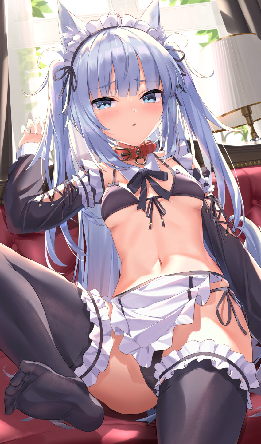1girl absurdres animal_ear_fluff animal_ears apron arm_garter bangs bikini black_bikini black_legwear black_ribbon blue_eyes blue_hair blunt_bangs blush breasts breasts_apart buckle cat_ears collar couch desk_lamp detached_sleeves eyebrows_visible_through_hair fang frilled_apron frills highres knee_up kyonta lamp leaning_back leg_garter long_hair long_sleeves looking_at_viewer maid_headdress navel no_shoes on_couch original parted_lips revision ribbon side-tie_bikini sitting skin_fang skindentation small_breasts soles solo stomach swimsuit thigh-highs toes two_side_up under_boob very_long_hair waist_apron white_apron