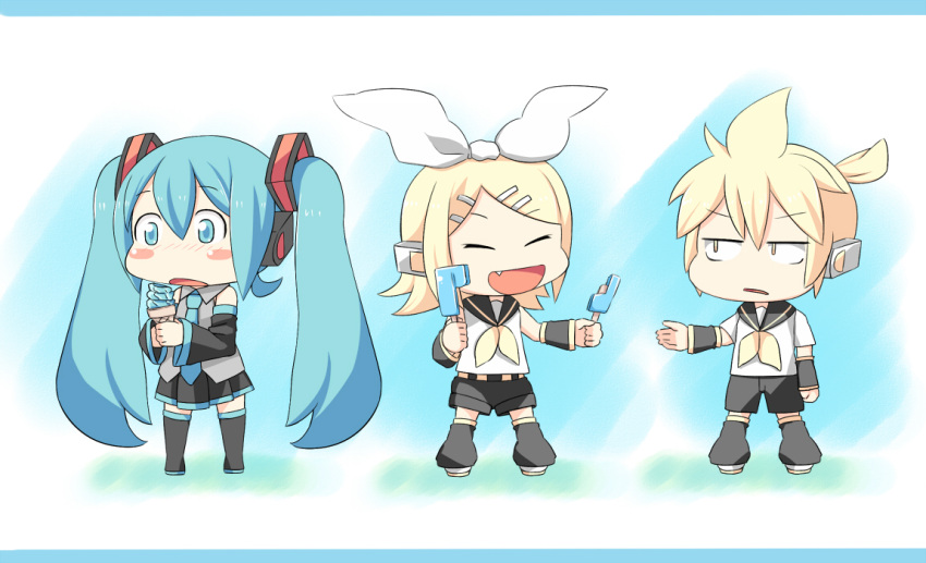 aqua_hair blonde_hair blush chibi detached_sleeves fang food hair_ornament hair_ribbon hairclip hatsune_miku headphones ice_cream kagamine_len kagamine_rin long_hair masuneko necktie popsicle ribbon short_hair shorts siblings skirt smile thigh-highs thighhighs twins twintails vocaloid