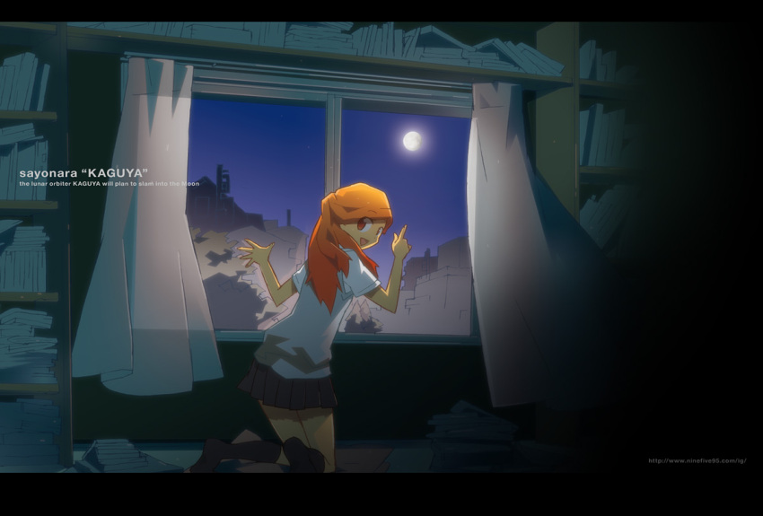 cityscape hara_kazuhiro moon night orange_hair pointing scenery school_uniform sky space window