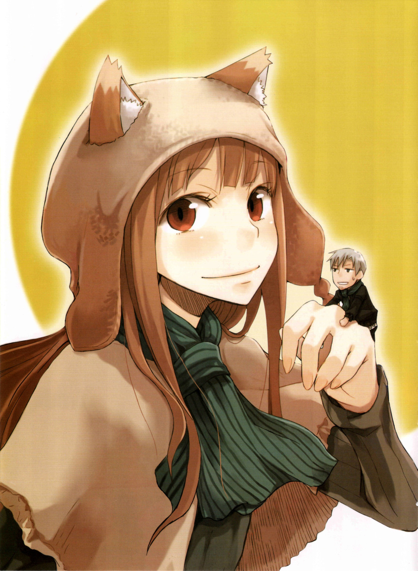 animal_ears ayakura_juu beard brown_hair chibi craft_lawrence facial_hair giantess hands hat highres holo long_hair miniboy official_art poncho red_eyes scan short_hair silver_hair smile spice_and_wolf wolf_ears