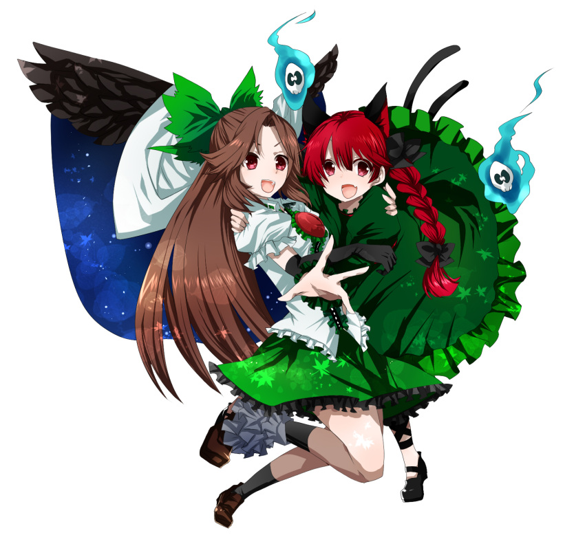 :d amaya_enaka animal_ears bad_id black_wings bow braid brown_hair cape cat_ears cat_tail elbow_gloves extra_ears floating_skull gloves hair_bow highres hug kaenbyou_rin leaf_print leg_ribbon long_hair multiple_girls multiple_tails open_mouth outstretched_hand red_eyes red_hair reiuji_utsuho single_elbow_glove single_glove smile tail tentani touhou twin_braids twintails wings