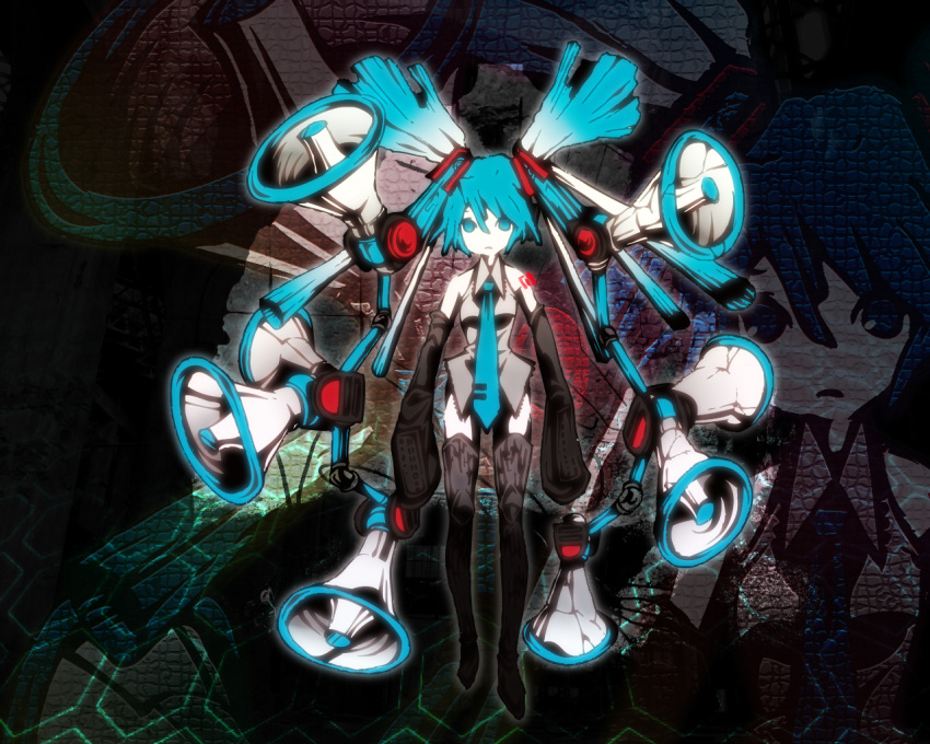 aqua_eyes aqua_hair detached_sleeves hatsune_miku hatsune_miku_no_shoushitsu_(vocaloid) long_hair megaphone necktie solo stom thigh-highs thighhighs twintails vocaloid yamori_(stom) zettai_ryouiki