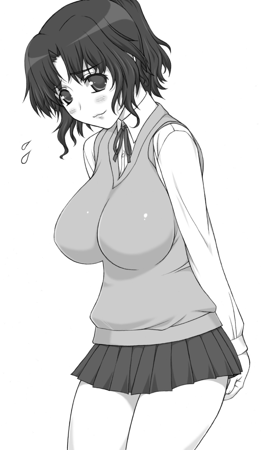 breasts highres huge_breasts monochrome school_uniform shichimenchou simple_background to_heart yuzuhara_haruka