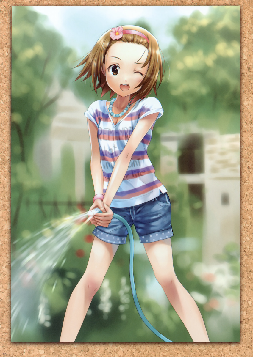 ;d english flower goto_p hair_flower hair_ornament hairband hands highres hose huge_filesize jewelry k-on! necklace open_mouth short_hair shorts smile solo striped tainaka_ritsu wink