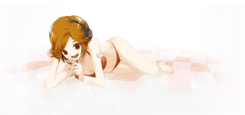 bikini brown_eyes brown_hair headphones headset lying meiko nail_polish on_side sakine_meiko short_hair smile solo stecky swimsuit vocaloid young