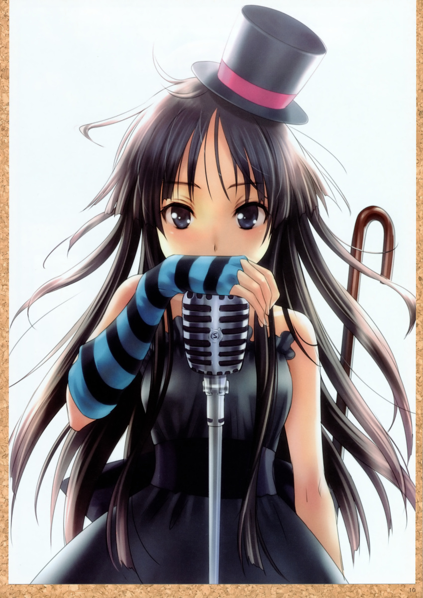 akiyama_mio bangs black_eyes black_hair blunt_bangs don't_say_lazy don't_say_"lazy" dress fingerless_gloves gloves goto_p hat highres hime_cut k-on! long_hair microphone microphone_stand mini_top_hat scan solo striped top_hat