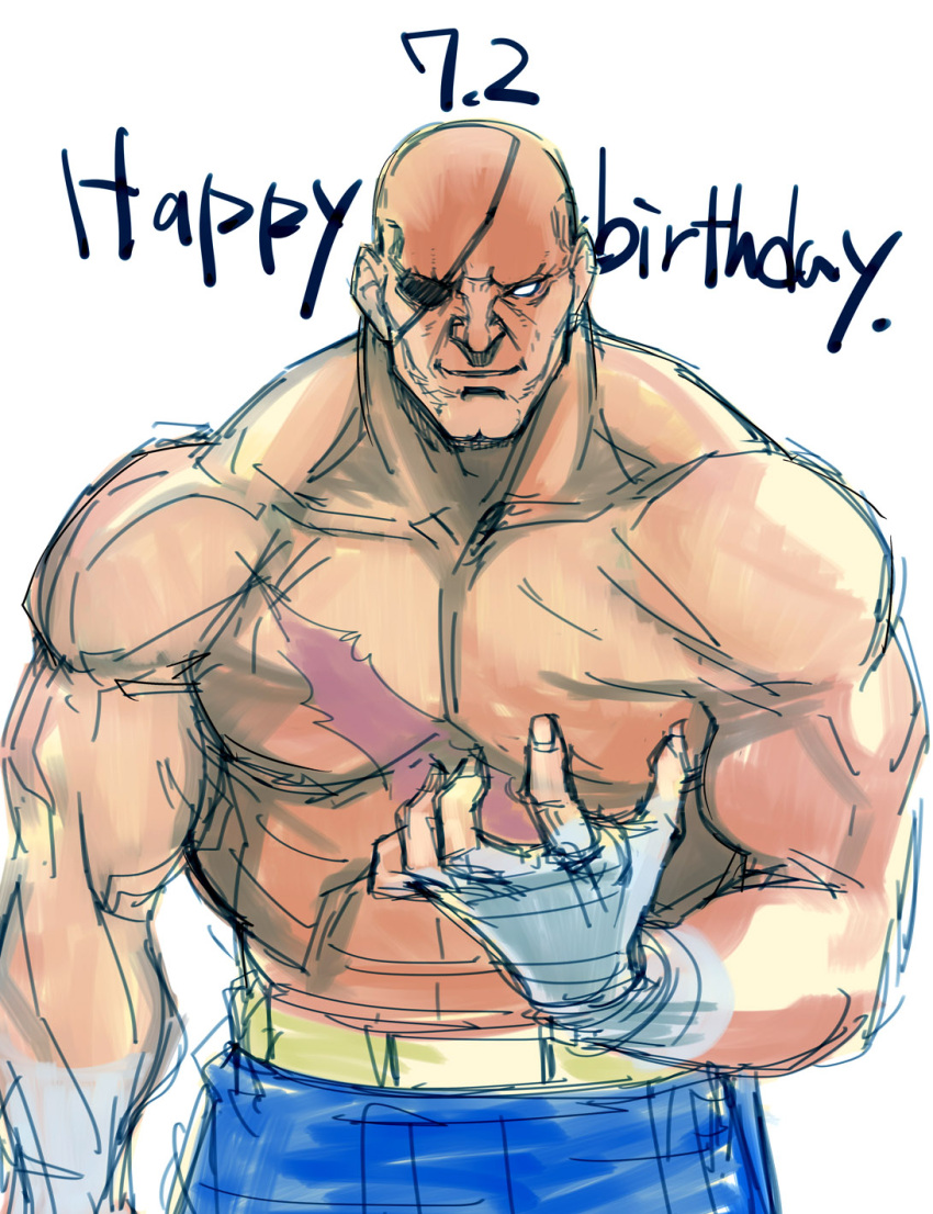 abs bald dated happy_birthday highres muscle no_pupils sagat scar shirtless smile solo street_fighter tetsu_(kimuchi)