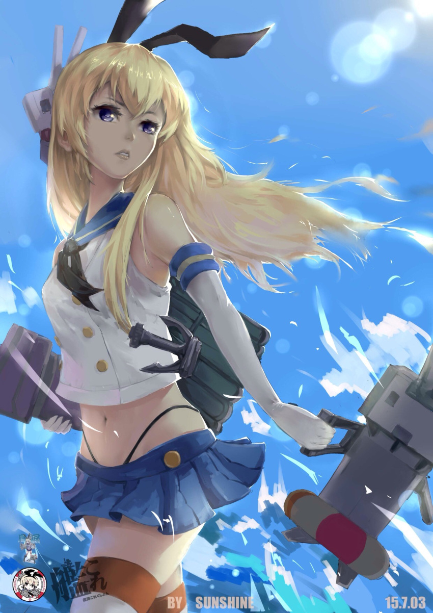 1girl anchor_hair_ornament artist_name black_panties blonde_hair blue_eyes blue_sky blush cowboy_shot crop_top dated elbow_gloves gloves hair_ornament hairband highleg highleg_panties highres kantai_collection lens_flare long_hair looking_at_viewer looking_to_the_side navel outdoors panties parted_lips rensouhou-chan school_uniform serafuku shimakaze_(kantai_collection) skirt sky small_breasts solo striped striped_legwear sunshine_(1638509769) thigh-highs underwear watermark white_gloves
