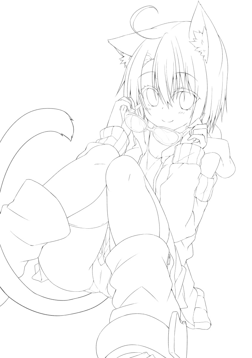 1girl absurdres ahoge animal_ears boots cat_ears cat_tail detached_sleeves dodome-iro_mayonnaise glasses glasses_removed highres holding holding_glasses lineart looking_at_viewer original short_hair smile solo tail thigh-highs