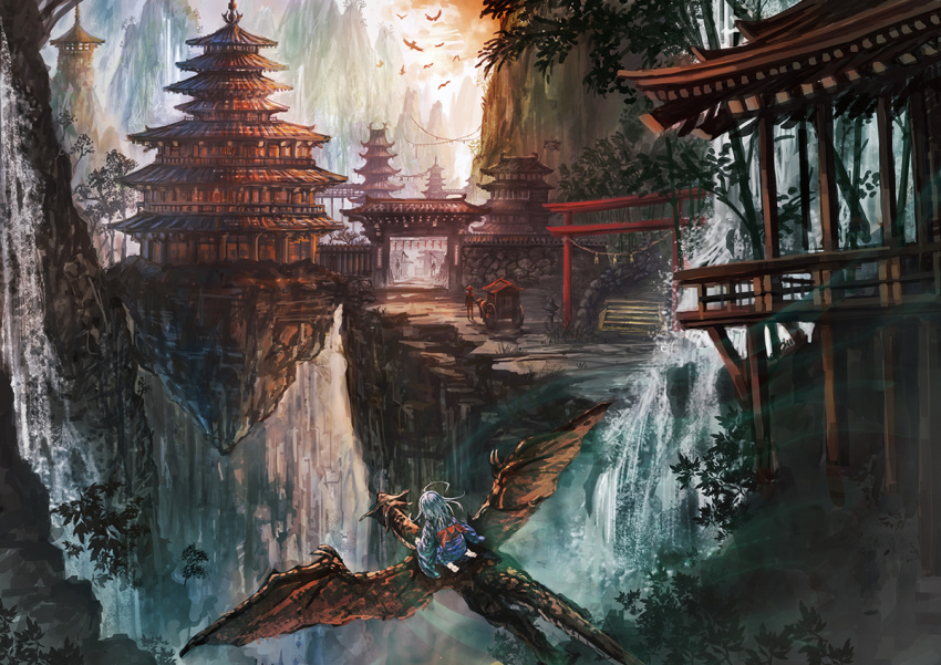 1girl akamidoriao_(rgb) bird dragon mountain original scenery temple torii water waterfall