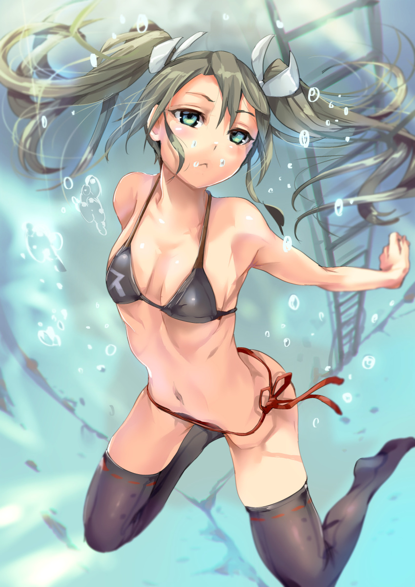 1girl :&lt; absurdres air_bubble armadillo-tokage bikini black_legwear breasts green_eyes green_hair highres holding_breath kantai_collection ladder navel outstretched_arms ribbon-trimmed_legwear ribbon_trim ribs side-tie_bikini small_breasts solo submerged swimsuit thigh-highs twintails underwater zuikaku_(kantai_collection)
