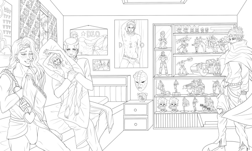 alarm_clock bed bedroom blush bookshelf boxers cape clock closed_eyes dakimakura_(object) dio_brando doll drawer drooling earrings enrico_pucci hand_on_hip headband holding jewelry jojo_no_kimyou_na_bouken knee_pads lineart long_hair mask monochrome photo_(object) pillow pillow_hug pointy_shoes poster_(object) shoes steamroller stone_mask_(jojo) the_world underwear vanilla_ice wriny199443