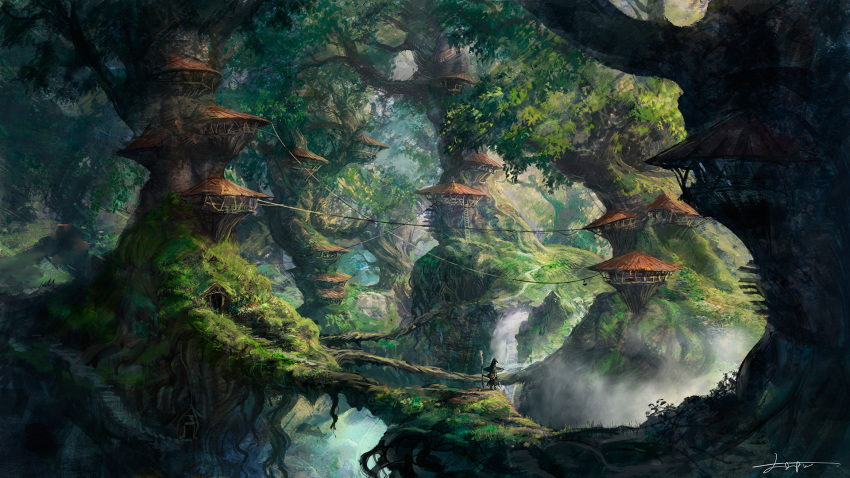 black_dress dress fantasy forest hat highres house nature original path road scenery tree treehouse watermill weapon witch witch_hat you_(shimizu)