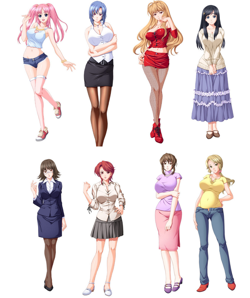 6+girls blue_eyes breasts brown_hair dress formal game_cg highres huge_breasts large_breasts long_hair multiple_girls office_lady pantyhose pink_hair red_eyes redhead short_hair shorts skirt smile