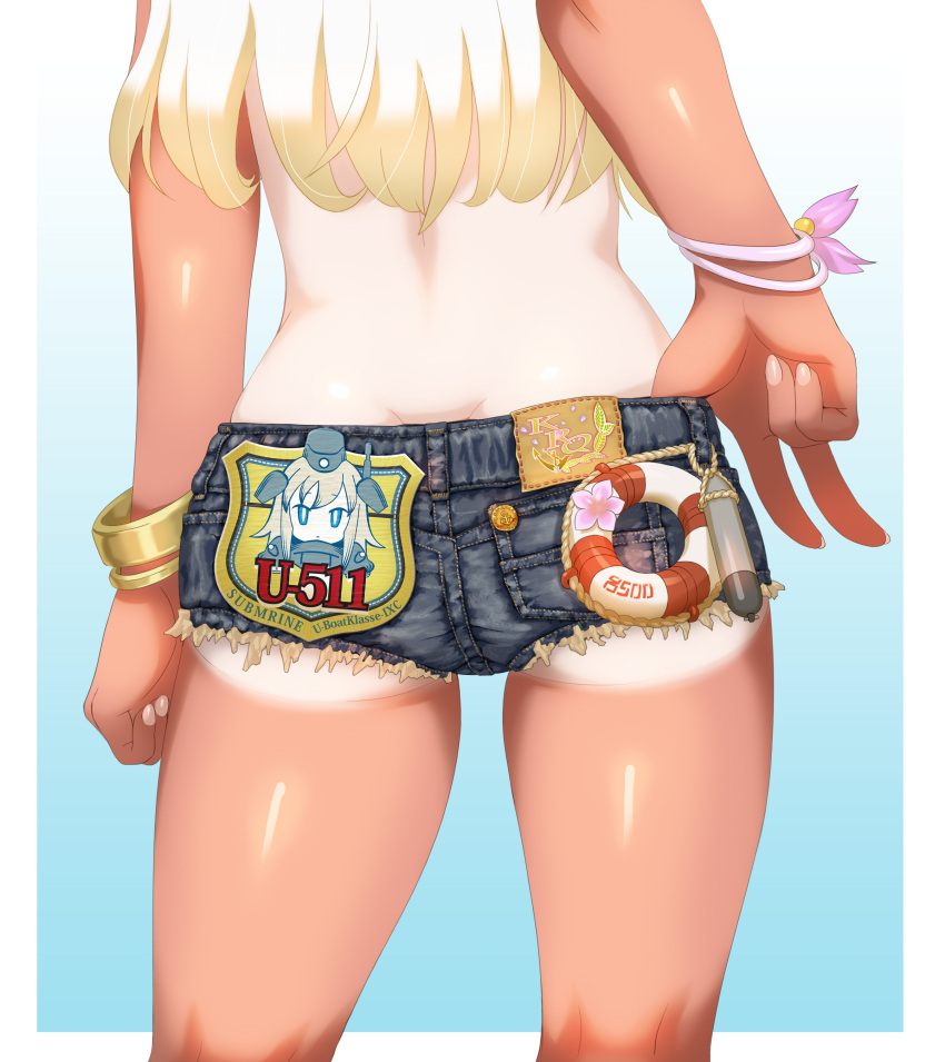 1girl absurdres adapted_object adjusting_clothes ass badge bangle blonde_hair blue_eyes bracelet chaki_(teasets) character_name character_print close-up cutoffs denim denim_shorts engrish flower from_behind gradient gradient_background hair_flower hair_ornament highres innertube jewelry kantai_collection lifebuoy long_hair one-piece_tan ranguage ro-500_(kantai_collection) school_swimsuit short_shorts shorts solo swimsuit tan tanline torpedo u-511_(kantai_collection)