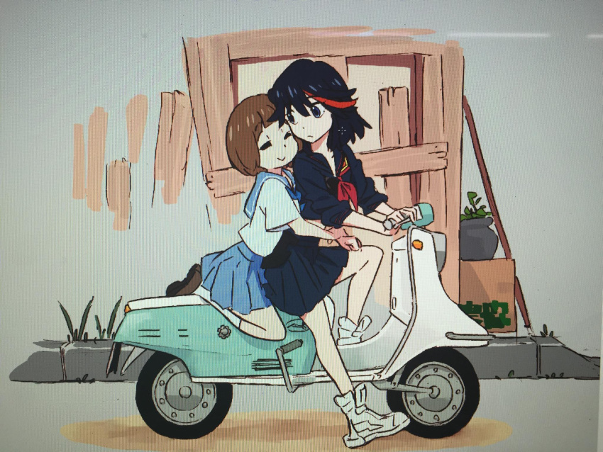 2girls black_hair brown_hair highres hug hug_from_behind kill_la_kill mankanshoku_mako matoi_ryuuko motor_vehicle multiple_girls official_art pleated_skirt school_uniform scooter senketsu serafuku shoes short_hair skirt sneakers sushio vehicle vespa