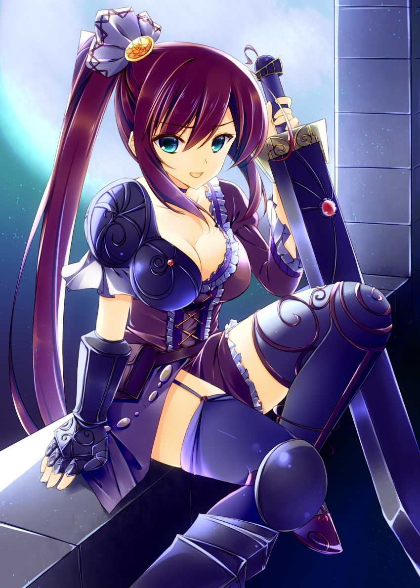:d armor blue_eyes breasts cleavage gauntlets greaves highres miyashita_maka open_mouth original ponytail purple_hair sitting smile sword tagme thigh-highs weapon
