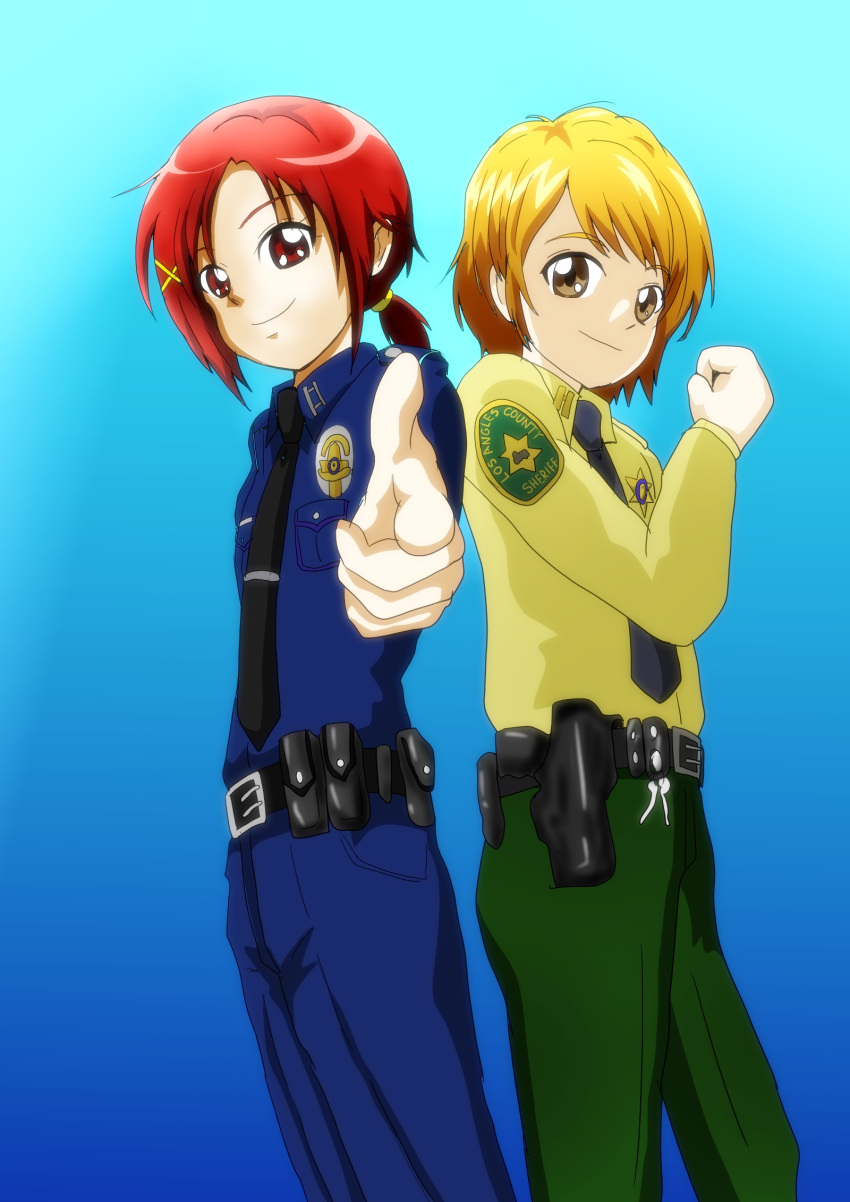 2girls gun gun_belt handgun highres hino_akane_(smile_precure!) holster kamonan_(pixiv_id_1430057) los_angeles_county_sheriff's_department los_angeles_police_department misumi_nagisa multiple_girls pistol police precure uniform weapon