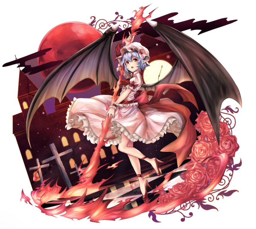 1girl ankle_ribbon ascot bat_wings blue_hair brooch checkered checkered_floor clock clock_tower cross dutch_angle fire flower frilled_skirt frills full_body full_moon hat hat_ribbon high_heels highres jewelry looking_at_viewer mob_cap moon open_mouth pointy_ears red_eyes red_moon red_rose reflection remilia_scarlet ribbon rose sash scarlet_devil_mansion short_hair skirt skirt_set solo spear_the_gungnir standing_on_one_leg tiptoes touhou tower untsue wings wrist_cuffs