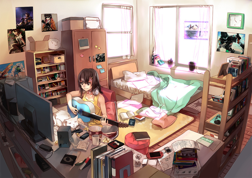 1girl amplifier analog_clock animal bag basket bed bedroom black_hair blanket book book_stack bookshelf box brown_eyes brown_hair cabinet cable candy cat cd_case cellphone charger clock coffee_mug computer computer_keyboard cup curtains cushion digital_media_player frame guitar hair_ornament hairclip handheld_game_console headphones headphones_around_neck indoors instrument ipod monitor open_book original paper phone picture_frame pillow plant playing_instrument playstation_portable poster_(object) potted_plant power_strip ramen rff_(3_percent) rubik's_cube sitting smartphone smile speaker sticky_note tank_top window