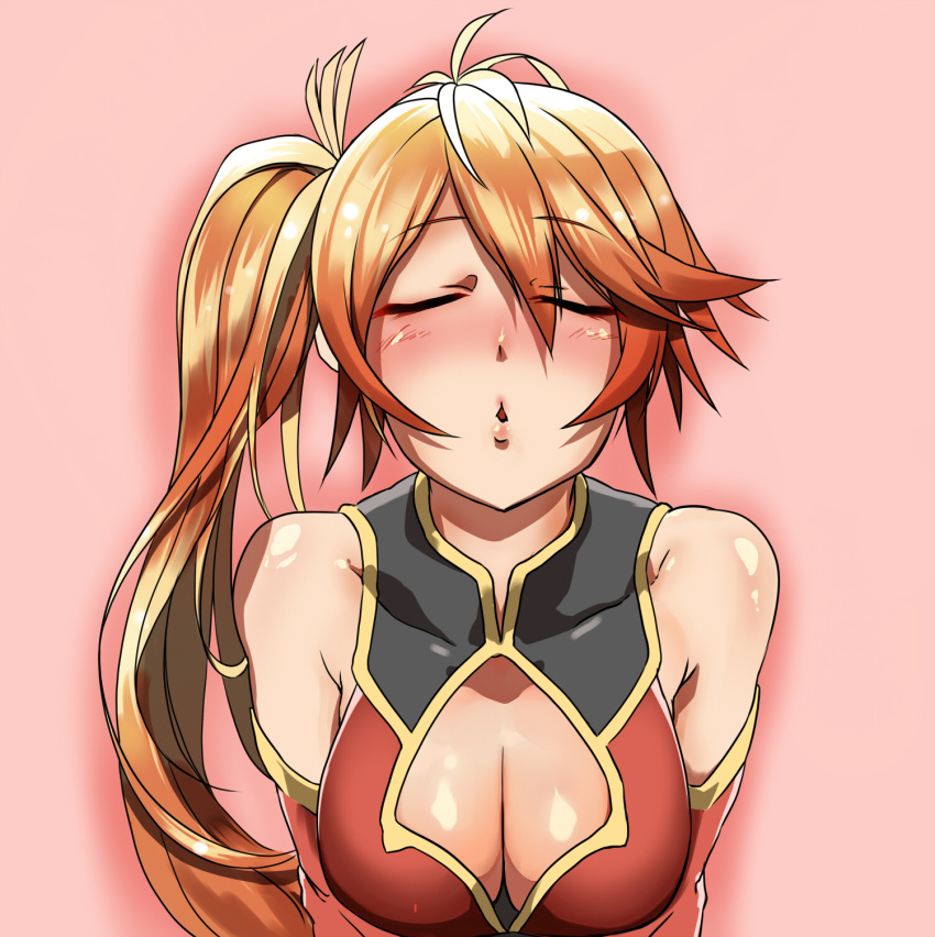 1girl bare_shoulders blush breasts cleavage cleavage_cutout close-up closed_eyes highres incipient_kiss leilan_(p&amp;d) long_hair orange_hair puckered_lips puzzle_&amp;_dragons side_ponytail solo tat_(t-55-t)