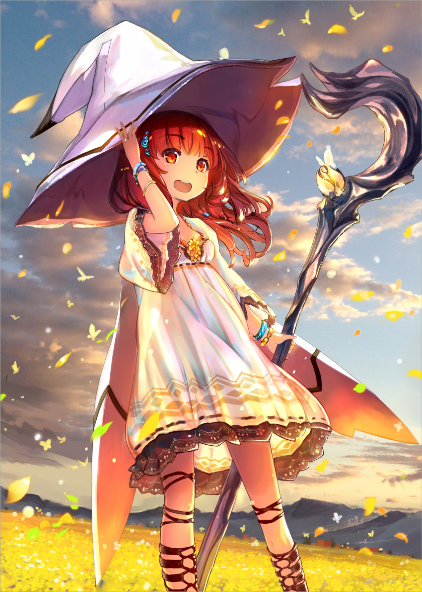 1girl adjusting_clothes adjusting_hat bracelet butterfly clouds dress dutch_angle hat highres jewelry long_hair open_mouth orange_eyes original petals sky solo thigh_strap virus_(obsession) wand witch_hat