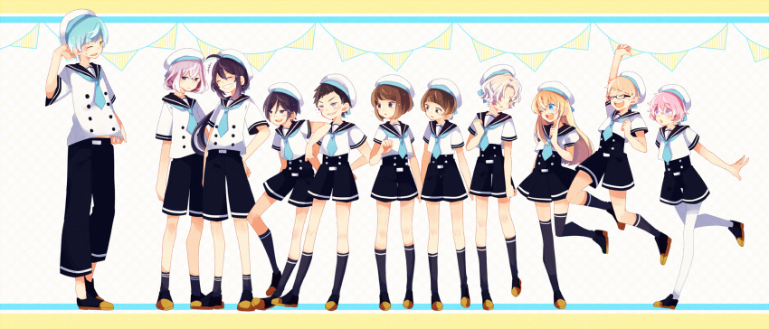 6+boys ^_^ ahoge akita_toushirou aqua_hair atsushi_toushirou black_hair blonde_hair blue_eyes blue_legwear brown_eyes brown_hair closed_eyes dress gokotai grin hair_over_one_eye hakata_toushirou hat highres hirano_toushirou honebami_toushirou ichigo_hitofuri jumping kneehighs legwear_under_shorts maeda_toushirou midare_toushirou multiple_boys namazuo_toushirou one_eye_closed open_mouth otoko_no_ko pantyhose pink_hair ponita ponytail sailor sailor_dress sailor_hat shorts smile thigh-highs touken_ranbu violet_eyes white_hair white_legwear yagen_toushirou yellow_eyes