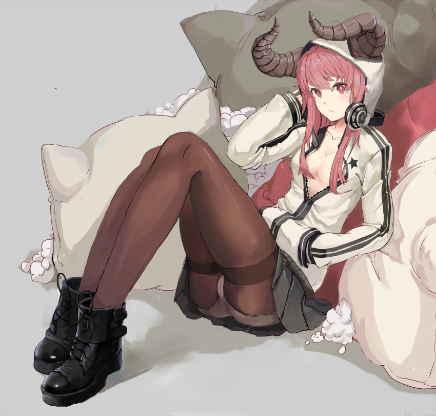 1girl black_legwear boots breasts cleavage collarbone cotton_ball cushion hand_in_pocket headphones highres hooded_jacket horns jacket knees_up long_hair looking_at_viewer no_bra open_clothes open_jacket original panties panties_under_pantyhose pantyhose pantyshot pantyshot_(sitting) pink_hair pleated_skirt red_eyes sitting skirt sleeves_past_wrists solo thighband_pantyhose underwear xue_feng