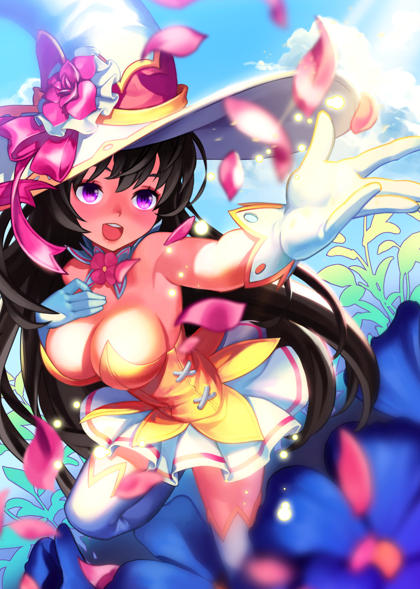 1girl :d bad_id bad_pixiv_id black_hair blurry breasts cleavage depth_of_field detached_collar dress flower gloves hat highres large_breasts lim_jaejin open_mouth petals pink_flower purple_eyes reaching_out smile solo thighhighs upper_teeth white_gloves white_legwear witch witch_hat