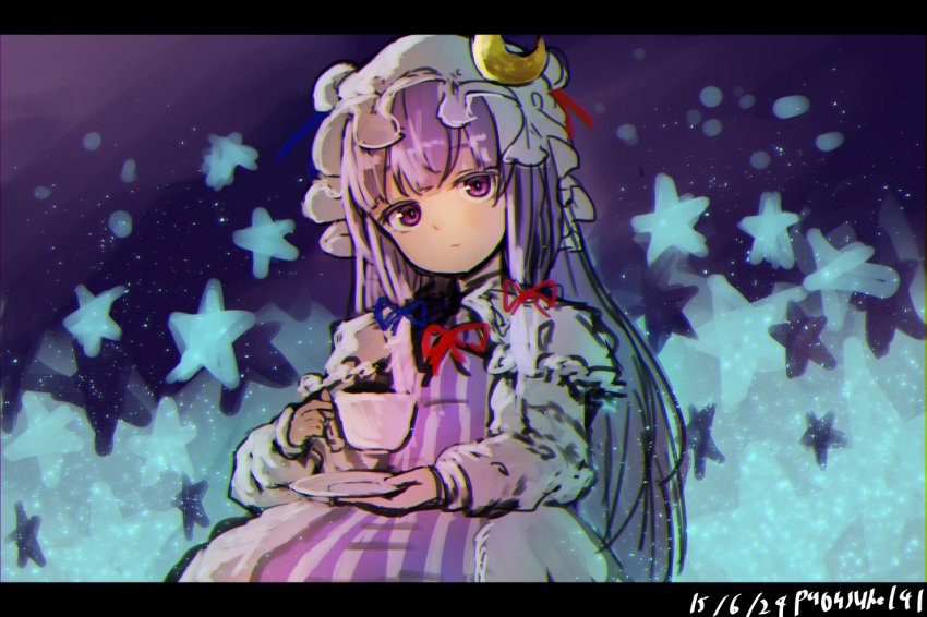 1girl capelet coat crescent cup dated dress letterboxed long_sleeves looking_at_viewer mob_cap open_clothes open_coat patchouli_knowledge purple_dress purple_hair pyonsuke0141 solo star striped striped_dress teacup touhou violet_eyes
