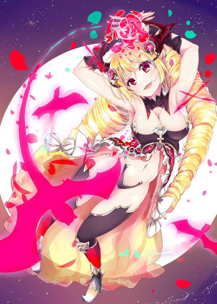 1girl :d blonde_hair breasts cleavage detached_collar drill_hair fangs highres horns kyona_(konakona) long_hair looking_at_viewer million_arthur_(series) navel open_mouth red_eyes smile thigh-highs twin_drills