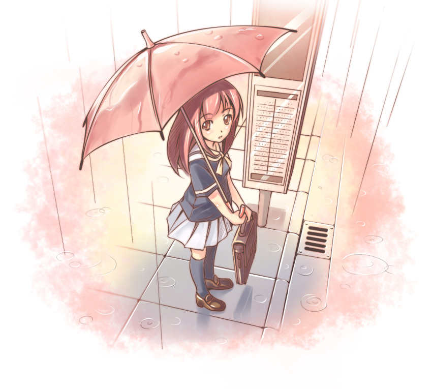 1girl long_hair original rain school_uniform serafuku skirt solo soraizumi umbrella