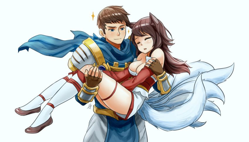 1girl ahri animal_ears armor bare_shoulders breasts brown_hair carrying cleavage closed_eyes detached_sleeves fox_ears fox_tail garen_crownguard korean_clothes league_of_legends long_hair multiple_tails princess_carry short_hair sieyarelow tail