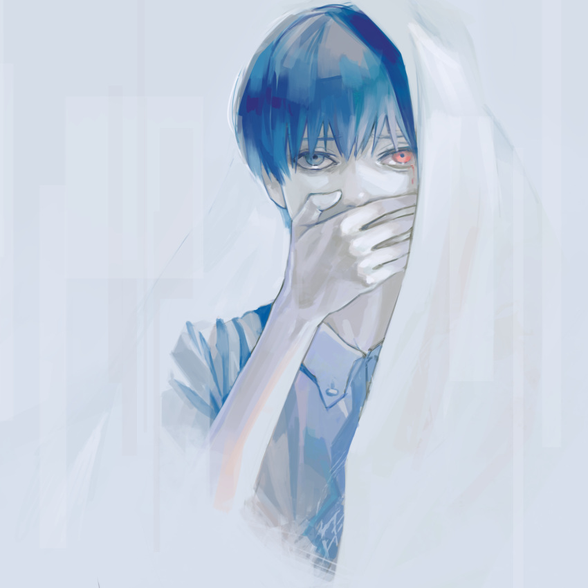 1boy bangs black_eyes black_hair collared_shirt covering_mouth heterochromia highres kaneki_ken kyuuba_melo looking_at_viewer male_focus red_eyes shirt short_hair simple_background solo tokyo_ghoul upper_body white_background