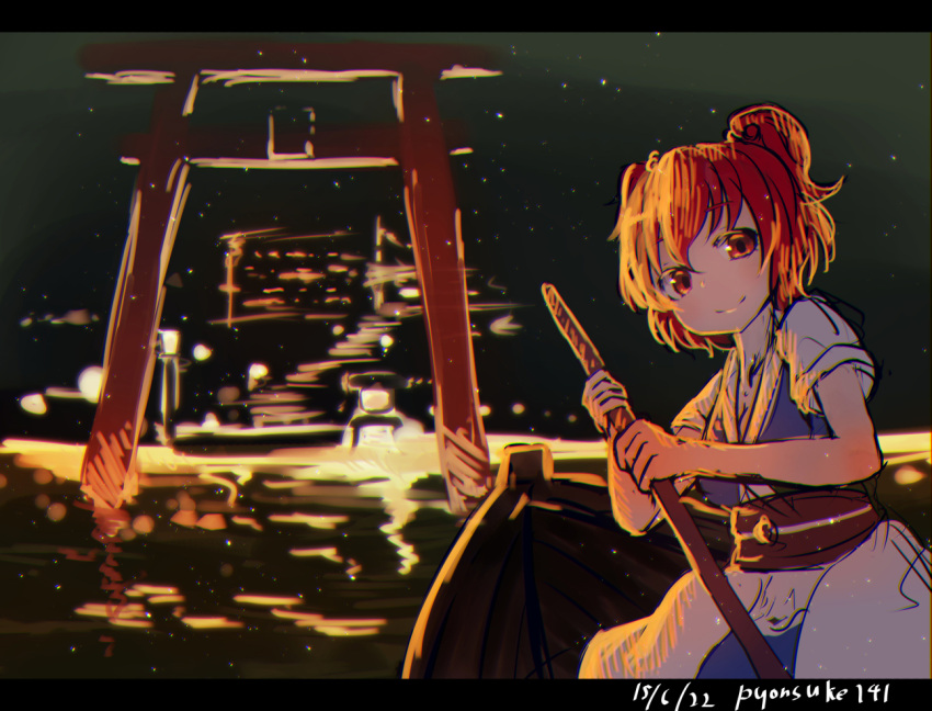 1girl boat breasts cleavage darkness dated hair_bobbles hair_ornament lantern large_breasts letterboxed looking_at_viewer obi onozuka_komachi pyonsuke0141 red_eyes redhead sash shirt short_sleeves skirt smile solo torii touhou two_side_up